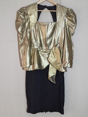 Vintage - Madison Ave Metallic Peplum Puff Sleeve Gold Top with Black Trim